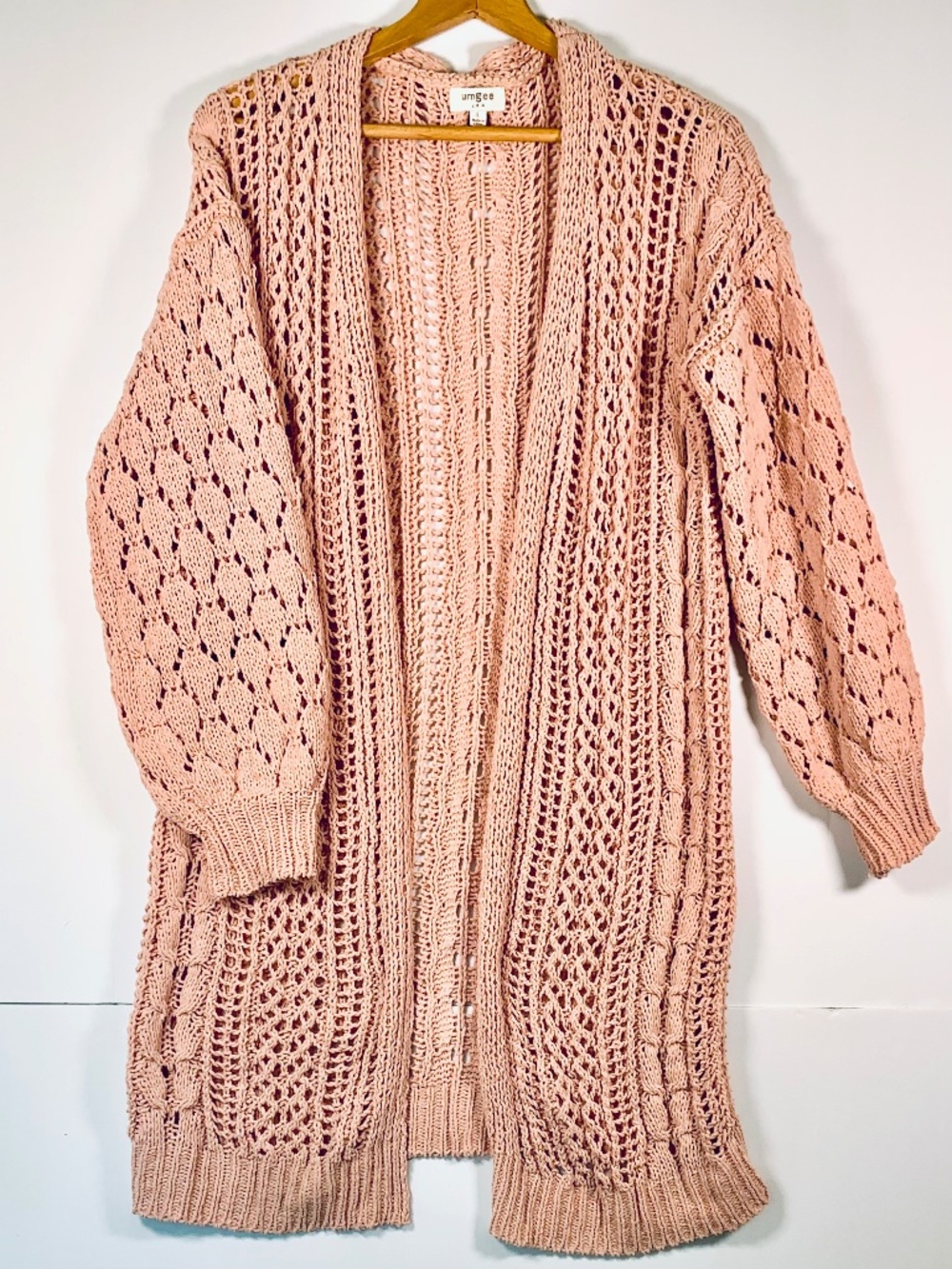 Umgee Boho Sweater Rose Pink Open Front Cable Knit Crochet Cardigan Long Duster